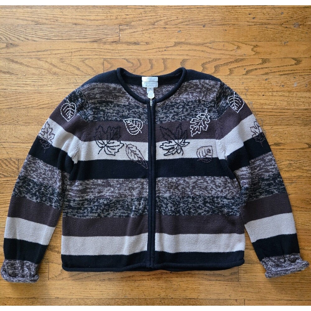 VTG 90’s Christopher & Banks Zip Up Sweater Hand Embroidered Leaves Size Medium
